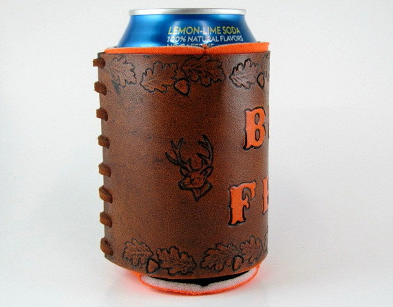 Leather Deer Hunting Can Holder, Hand Tooled, Whitetail Deer, Oak Leaves wth Acorns, Groomsmens Gift image 2