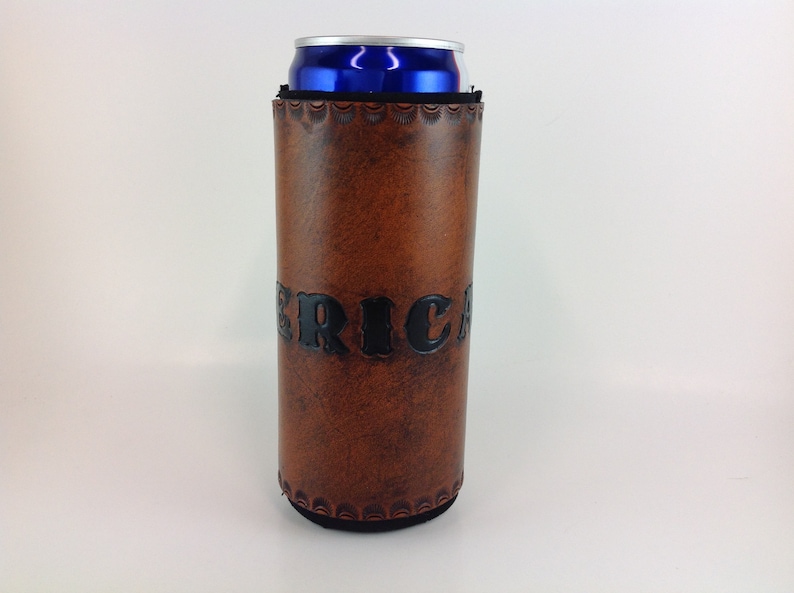 Leather Slim Can Beverage Holder, 12 Oz. Skinny Beer Seltzer Insulator, Groomsmen Bridesmaid Gifts, Personalized image 1