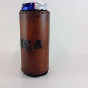 Leather Slim Can Beverage Holder, 12 Oz. Skinny Beer Seltzer Insulator, Groomsmen Bridesmaid Gifts, Personalized image 3