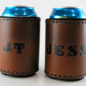 Personalized Leather Can Holder, Hand Tooled, Groomsmen Gift for Him, Present for Her, 12 Oz.