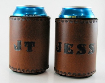 Personalized Leather Can Holder, Hand Tooled, Groomsmen Gift for Him