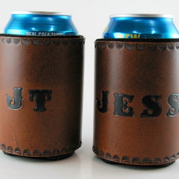 Personalized Leather Can Holder, Hand Tooled, Groomsmen Gift for Him, Present for Her, 12 Oz.