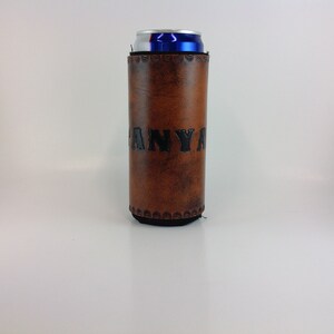 Leather Slim Can Beverage Holder, 12 Oz. Skinny Beer Seltzer Insulator, Groomsmen Bridesmaid Gifts, Personalized image 5