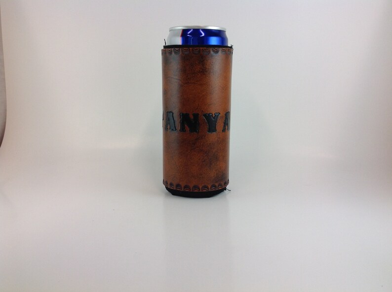 Leather Slim Can Beverage Holder, 12 Oz. Skinny Beer Seltzer Insulator, Groomsmen Bridesmaid Gifts, Personalized image 5