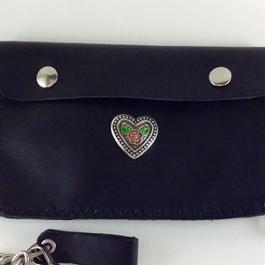 Black Leather Women's Motorcycle Chain Wallet, Heart Concho, Ready to Ship, Hand Sewn, Biker Gift image 2