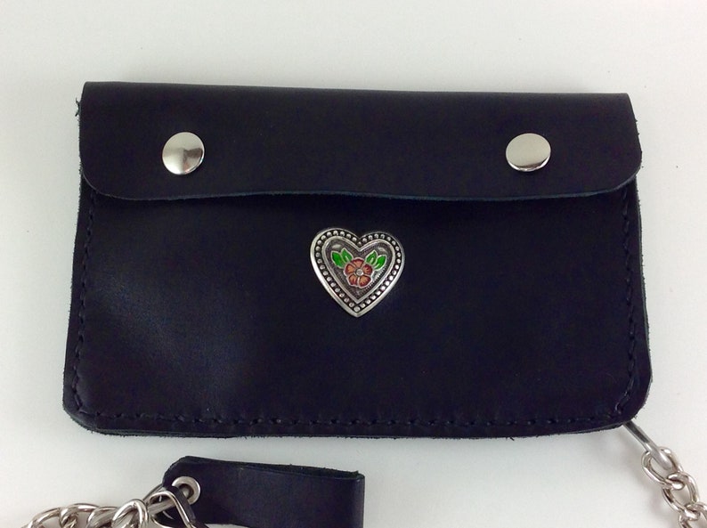 Black Leather Women's Motorcycle Chain Wallet, Heart Concho, Ready to Ship, Hand Sewn, Biker Gift image 2