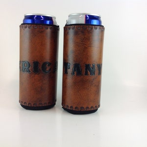 Leather Slim Can Beverage Holder, 12 Oz. Skinny Beer Seltzer Insulator, Groomsmen Bridesmaid Gifts, Personalized image 6