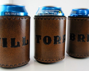 Groomsmens Gifts, Leather Can Holders, Set of 6, Hand Tooled, Bridesmaid Gifts, Beer Coolers, Personalized Party Favors