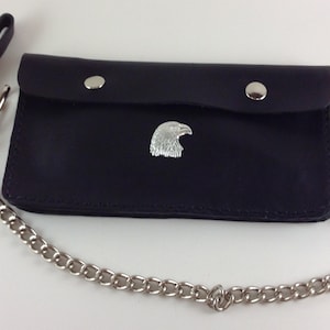 Cartera con cadena para motocicleta, cuero negro, concha de águila, lista para enviar ahora, cosida a mano, regalo para motociclistas, hecha a mano, accesorio para motocicleta