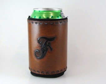 Hand Tooled Leather Can Holder, Cattle Brand, Ranch Brand, Farm Logo, Rustic Wedding Decor, Personalized Beer Holder