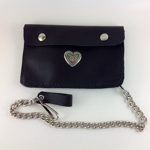 Black Leather Women's Motorcycle Chain Wallet, Heart Concho, Ready to Ship, Hand Sewn, Biker Gift image 1