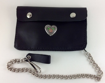 Black Leather Women's Motorcycle Chain Wallet, Heart Concho, Ready to Ship, Hand Sewn, Biker Gift