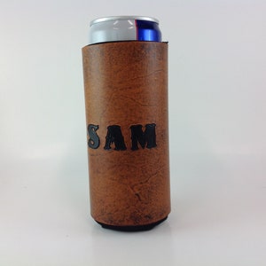 Leather Slim Can Beverage Holder, 12 Oz. Skinny Beer Seltzer Insulator, Groomsmen Bridesmaid Gifts, Personalized image 8