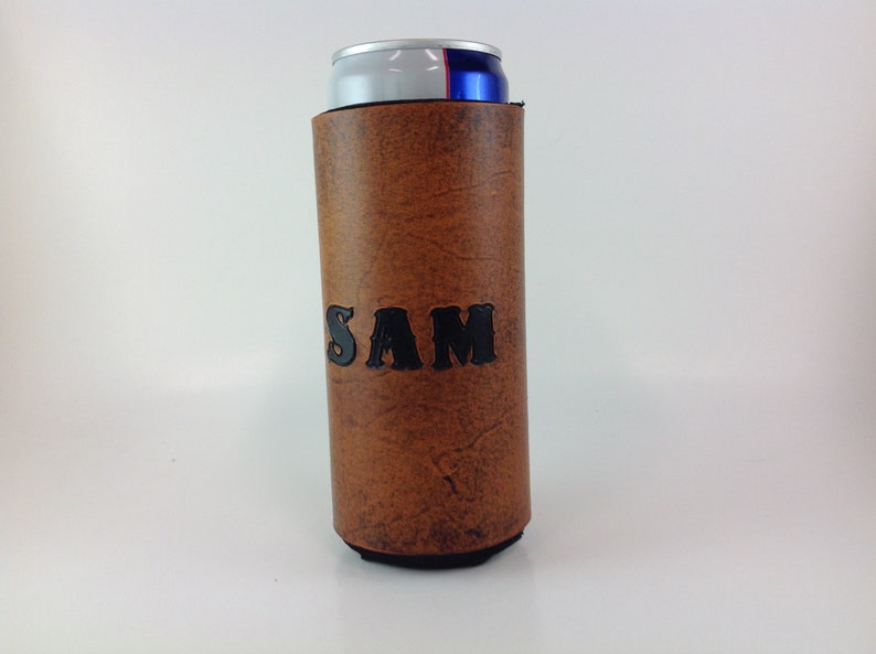 Leather Slim Can Beverage Holder, 12 Oz. Skinny Beer Seltzer Insulator, Groomsmen Bridesmaid Gifts, Personalized image 8