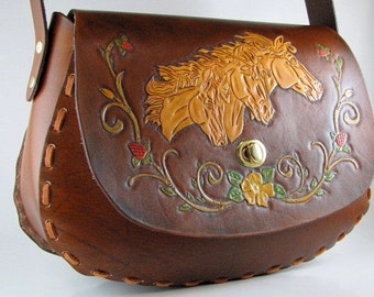 Hand Tooled Leather Purse, Mustang Horses, Hand Painted Leather Shoulder Bag, Made to Order