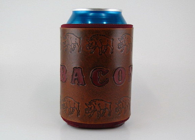 Razorback Hog Leather Can Holder, Hand Tooled Insulated Beer Cooler, Wild Boar Hunting Gift image 2