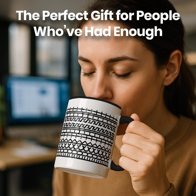 A woman sipping coffee from her hidden swear message mug, showing how this funny and brutally honest gift adds humor to daily stress. This mug is perfect for coworkers, teachers, students, or stressed-out moms. It’s microwave and dishwasher safe, made from durable ceramic and printed with high-quality sublimation. Trending among sarcastic novelty mugs on Etsy, this item delivers relatable laughs with each sip and makes a great burnout recovery gift.