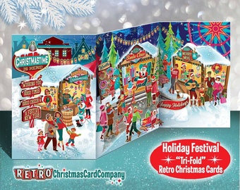 Holiday Festival Christmas Cards | Package of 8 Cards and Envelopes | Large 3 Panel Trifold Displayable Christmas Cards