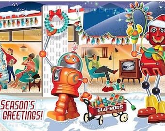 Robot Decorators Christmas Cards, Package of 8  | Funny Christmas Card | Mid-Century Modern House Retro Christmas Card