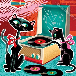 Retro Record Player Cats Christmas Cards, Package of 8 | Cat Christmas Cards | Retro Christmas Cards | Music Themed Christmas Cards