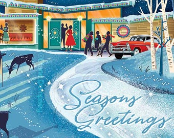 Puede incluir: Ilustración de tarjeta navideña vintage con una casa moderna de mediados de siglo y una escena invernal nevada. La tarjeta dice "Felices Fiestas" en una fuente de escritura. Los ciervos están en primer plano y la gente se reúne en la casa. Un coche rojo está aparcado cerca.