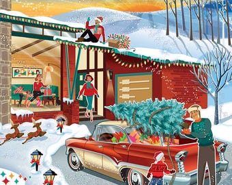 Bringing Home The Tree, Mid Century House Christmas Cards, Package of 8 | Mid Century Modern Christmas Cards