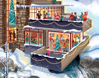 Falling Snow Mid-Century House Christmas Cards - Package of 8 Cards with Envelopes - Frank Lloyd Wright Inspired Christmas Card