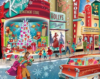 May include: A retro Christmas card illustration depicts a festive street scene with vintage cars, shops, and people. The scene includes a department store, diner, and a sign that says "Happy Holidays". Snowflakes fall under a full moon.