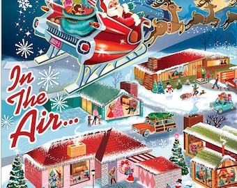 Santa Flying Over Mid-Century Neighborhood Christmas Cards - Package of 8 Cards with Envelopes
