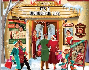 May include: A vintage Christmas card illustration depicts a cinema with the marquee reading "Have a Happy Holiday." People are shown entering the theater, with movie posters for "White Christmas" and "Miracle on 34th Street." Snow falls, creating a festive scene.