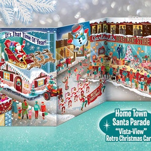 Hometown Santa Parade Christmas Cards | Package of 8 Cards and Envelopes | Large 3 Panel Trifold Displayable Christmas Cards