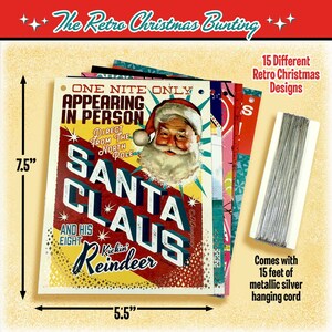 Pu&ograve; includere: Un kit di bandierine natalizie retr&ograve; con 15 diversi design con Babbo Natale e renne. Le bandierine sono alte 19 cm e larghe 14 cm. Viene fornito con 4,5 metri di cordino argentato per appendere.