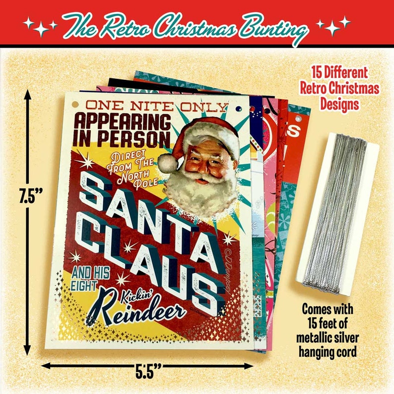 Pu&ograve; includere: Un kit di bandierine natalizie retr&ograve; con 15 diversi design con Babbo Natale e renne. Le bandierine sono alte 19 cm e larghe 14 cm. Viene fornito con 4,5 metri di cordino argentato per appendere.