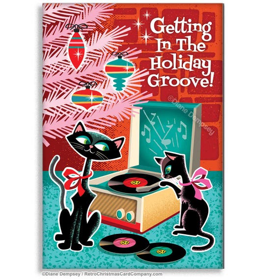 Retro Record Player Cats Christmas Cards, Package of 8 | Cat Christmas Cards | Retro Christmas Cards | Music Themed Christmas Cards