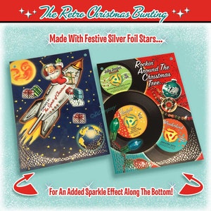 Pu&ograve; includere: Due modelli di biglietti di Natale vintage che mostrano un razzo con Babbo Natale e un albero di Natale con dischi. Le carte sono decorate con stelle di lamina argentata e il testo "The Retro Christmas Bunting" e "Made With Festive Silver Foil Stars..." &egrave; stampato nella parte superiore delle carte.
