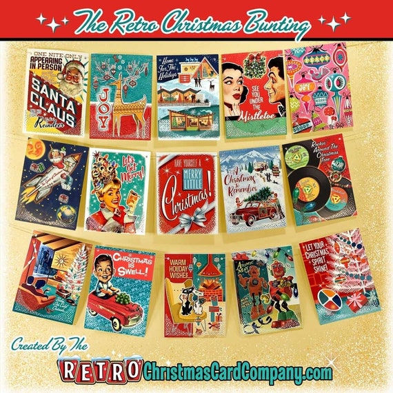 Retro Christmas Bunting, Garland, Banner - Hanging Vintage Style Holiday Decoration