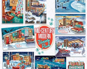 Mid-Century Modern Christmas Card Variety Pack - Package of 8 Cards With Envelopes