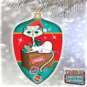Mid-Century Modern White Cat Christmas Ornament | Retro Cat Christmas Tree Ornament