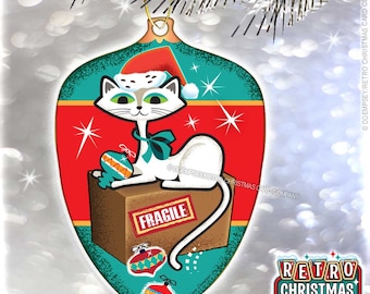 Mid-Century Modern White Cat Christmas Ornament | Retro Cat Christmas Tree Ornament
