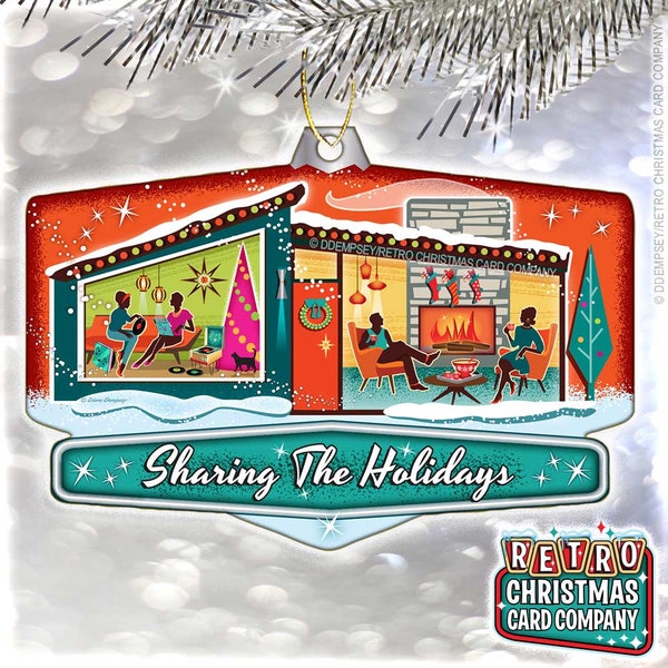 Sharing The Holidays, Mid-Century Modern House Christmas Ornament | Family Retro Christmas Tree Ornament