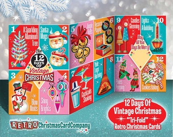 May include: A vintage Christmas card with a tri-fold design. The card features a colorful illustration of the 12 Days of Christmas, with each day depicted in a separate panel. The card is decorated with a festive red and green color scheme and features a retro style.