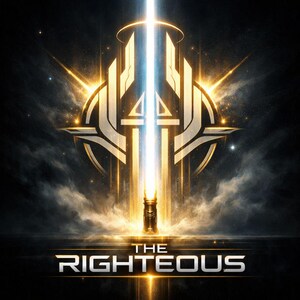 Może przedstawiać: Cyfrowa grafika przedstawiająca świecący, stylizowany miecz światła emanujący ze złotego emblematu. Tekst "THE RIGHTEOUS" jest wyświetlany w srebrnej, futurystycznej czcionce u dołu. Tło jest ciemne z elementami niebieskimi.
