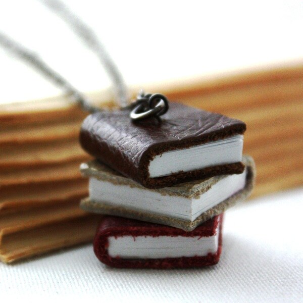 Books Necklace : Stack of Library Books Necklace Brown Tan Burgundy  MADE to ORDER