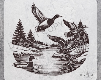 May include: A black and white illustration of three ducks flying over a river and trees. The ducks are in a V-formation, with the lead duck in the center. The river is flowing from left to right, and the trees are on both sides of the river. The illustration is in a vintage style.