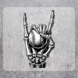 May include: A black and white illustration of a skeletal hand giving the rock and roll hand gesture, holding a baseball.