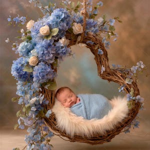 Puede incluir: Un recién nacido dormido descansa en un columpio de mimbre en forma de corazón, adornado con hortensias azules, rosas blancas y pequeñas flores azules. El bebé está envuelto en una manta azul claro, sobre una cama de suave piel sintética blanca.