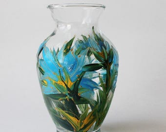 Vintage Hand Painted Glass Vase Firna Indonesia Blue Green Flowers