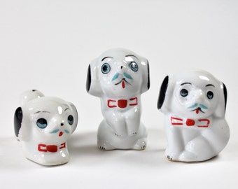 Vintage Dog Figurines, Set 3 Small White Dogs, Red Bow Tie, Blue Moustache, Kawaii Puppies, Asian Design