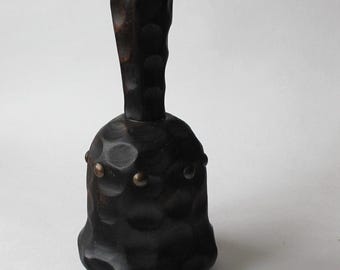 Vintage Hand Bell, Carved Wood Bell With Rivets Made In Spain