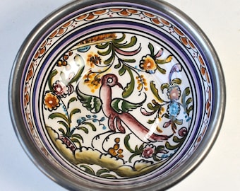 Vintage Hand Painted Folk Art Bowl, Bird Design, Metal Rim